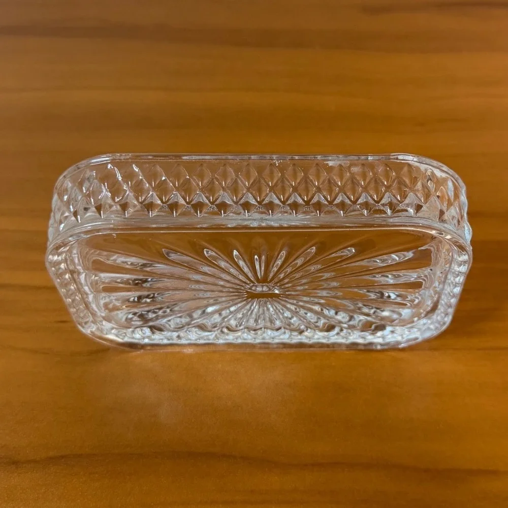 Vintage Crystal Glass Trinket Dish Diamond Cut Starburst Rectangular Vanity Tray